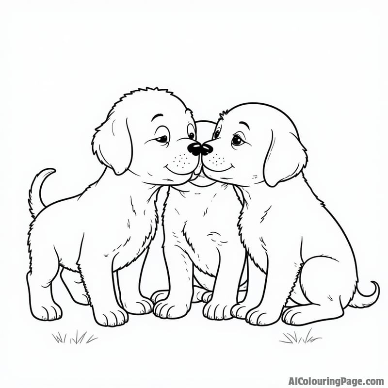 Coloring sheet of a group of puppies, interacting, varying sizes, simple backgrounds.