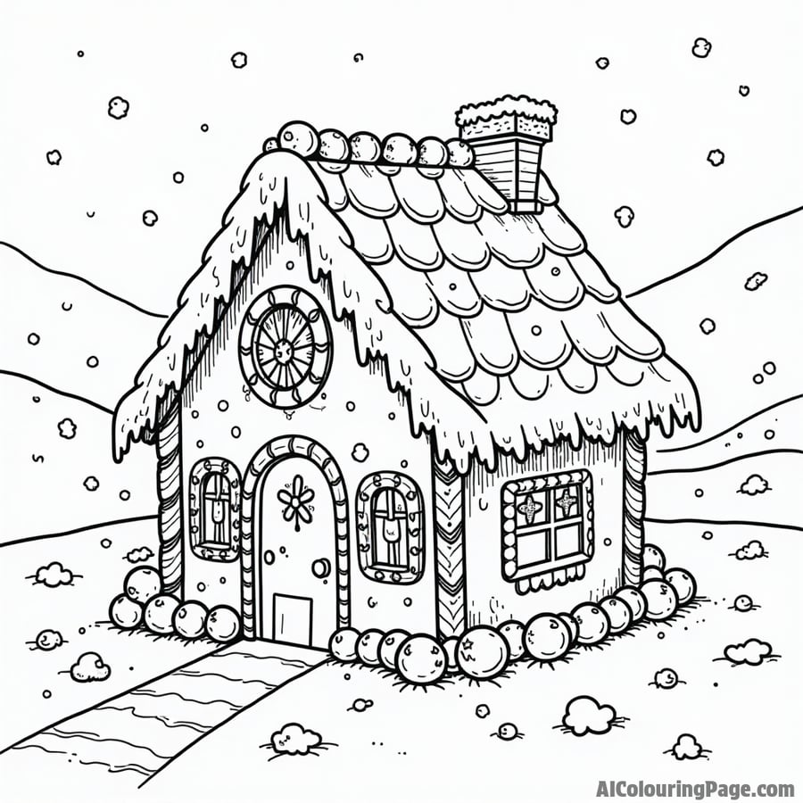 A gingerbread house decorated with candy canes, gumdrops, and icing, set against a winter landscape of snow-covered hills.