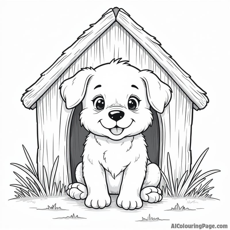 Puppy coloring page, peeking out from a dog house, cozy scene, friendly appearance.