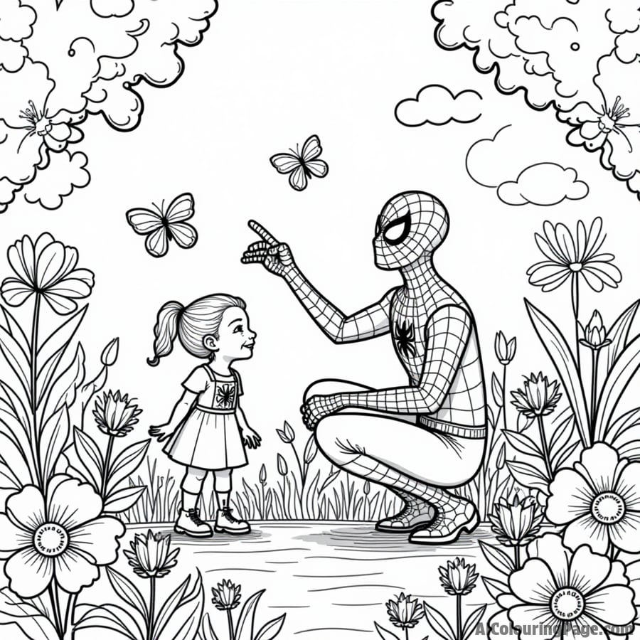 Spiderman helping children create a garden mural, colorful flowers and butterflies around, smiles on their faces