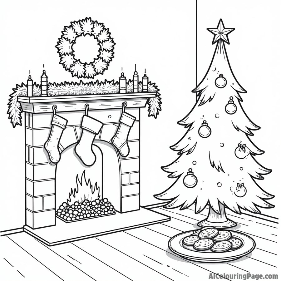 A cozy fireplace adorned with stockings, a Christmas tree with ornaments, and a plate of cookies for Santa waiting.