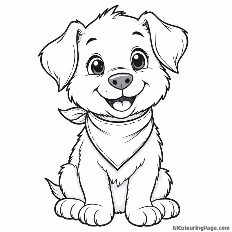Puppy coloring sheet, wearing a bandana, happy smile, clear, bold lines.