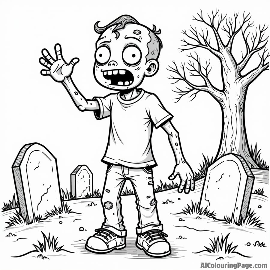 A friendly zombie waving hello with a graveyard scene featuring tombstones and a spooky tree in the distance.