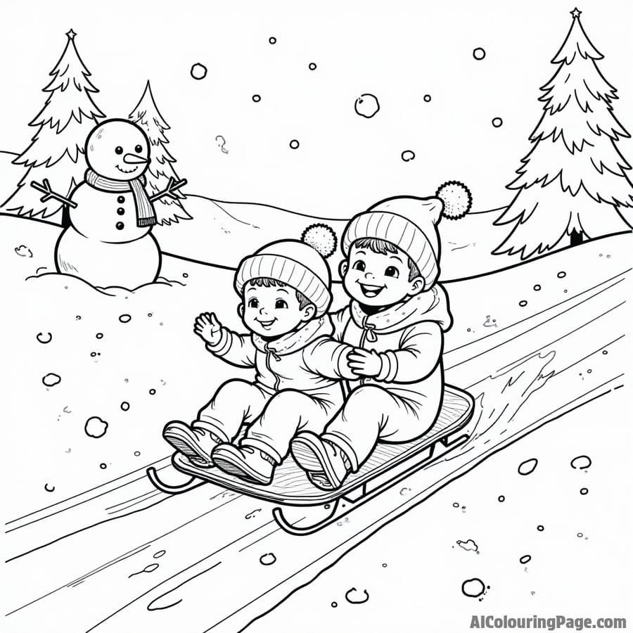 A sledding scene with kids joyfully sliding down a snowy hill, with a snowman and Christmas trees in the background.