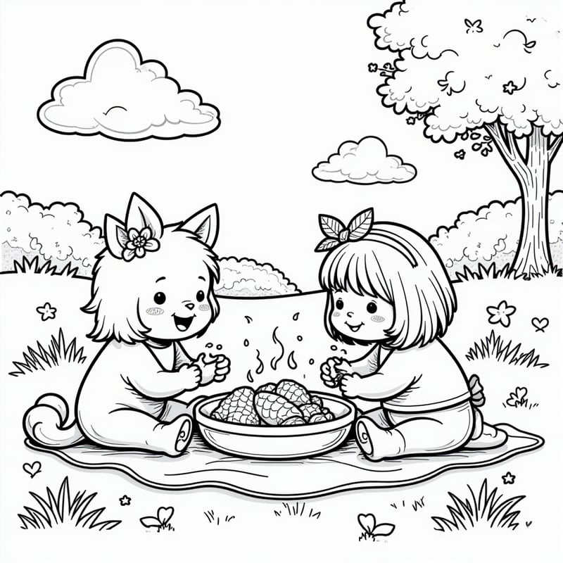 Rainbow Friends having a picnic in a meadow