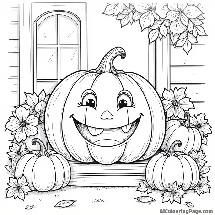 A cheerful pumpkin with a big smile sitting on a porch surrounded by colorful autumn flowers and leaves.