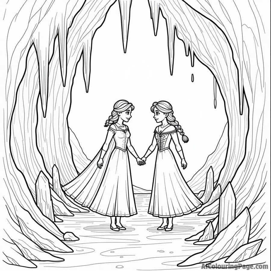Elsa and Anna exploring an icy cave filled with crystals