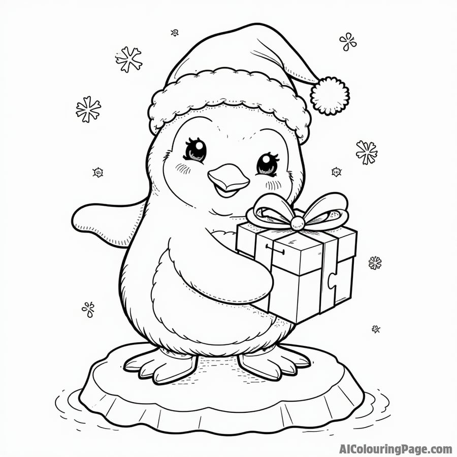 A cute penguin wearing a Santa hat, holding a gift, standing on an iceberg with snowflakes gently falling around.