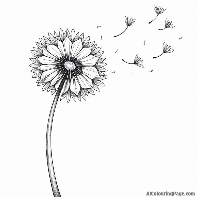 A dandelion with seeds floating away