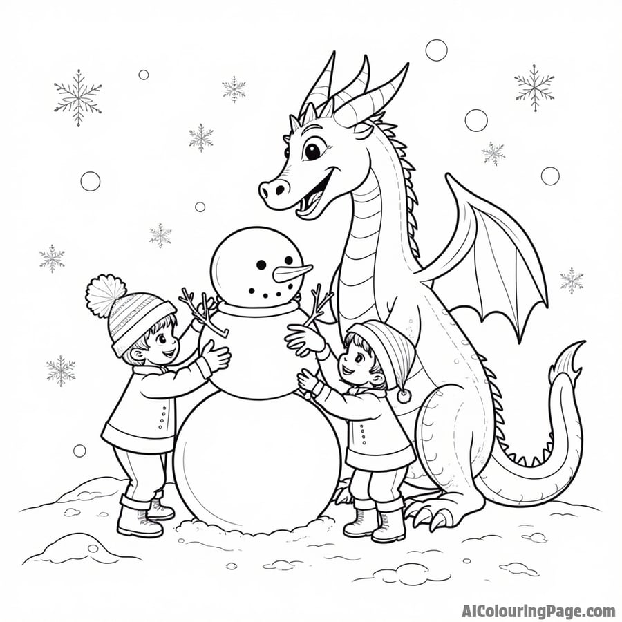 A dragon helping build a snowman with children in a winter wonderland filled with snowflakes.