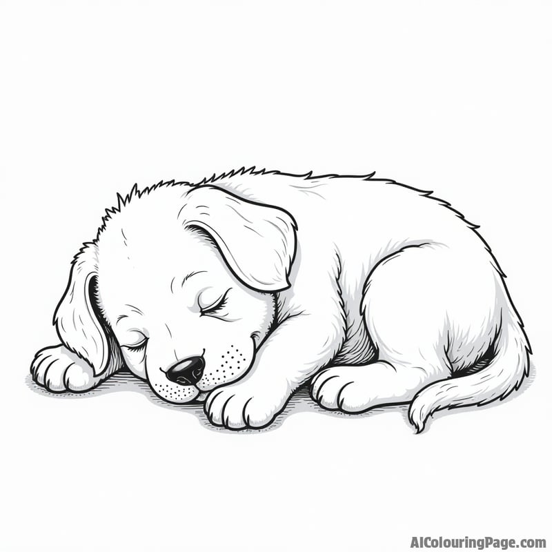 Coloring page of a sleeping puppy, curled up, peaceful expression, minimal details.