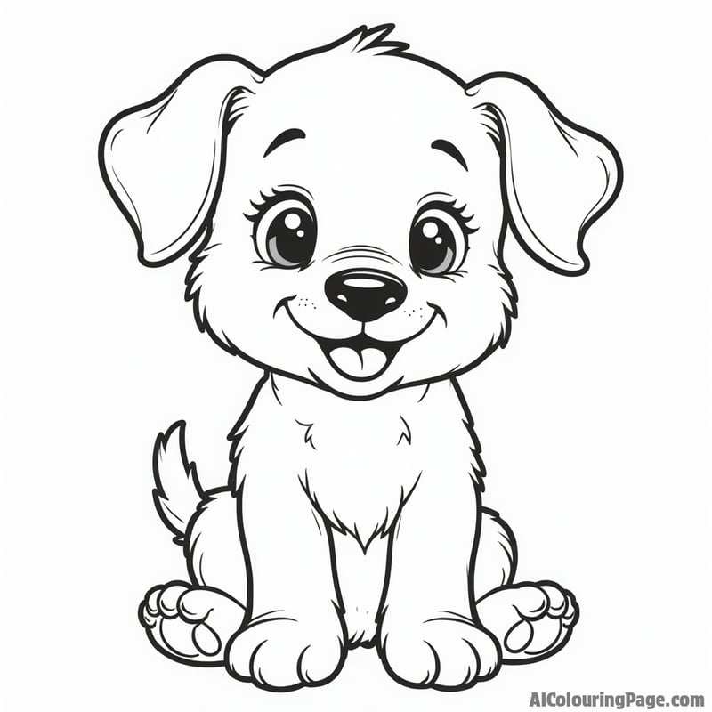 Puppy coloring page, playful pose, simple outlines, large eyes.