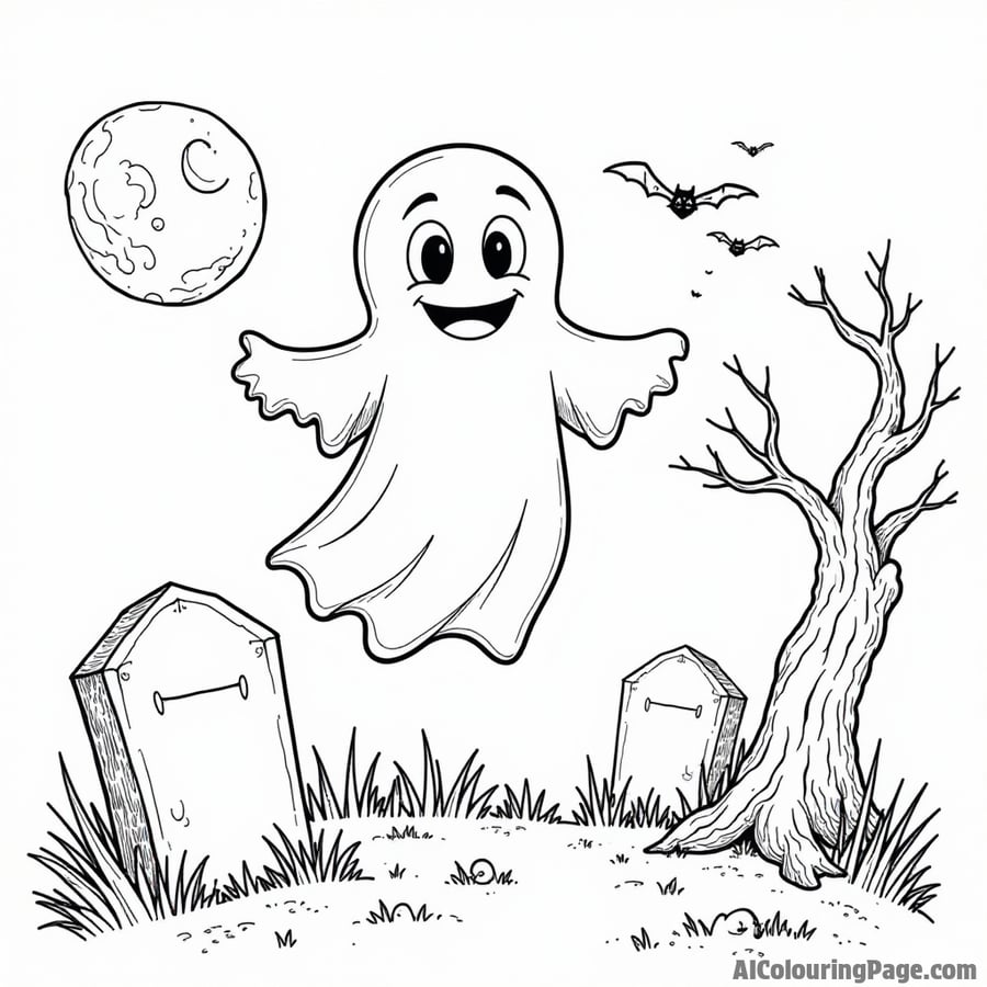 A friendly ghost floating above a spooky graveyard with an old tree and a full moon in the background.