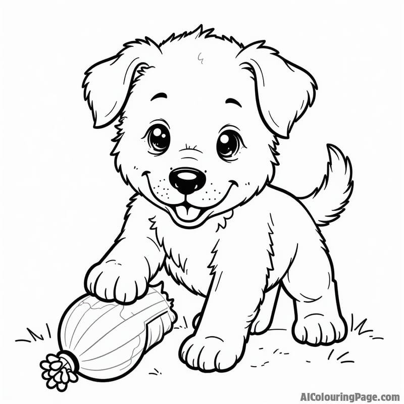 Coloring sheet of a puppy playing with a toy, energetic pose, clear lines.