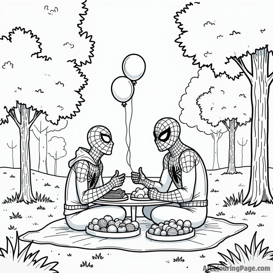 Spiderman and his friends having a picnic in the park, surrounded by trees, colorful balloons floating in the sky