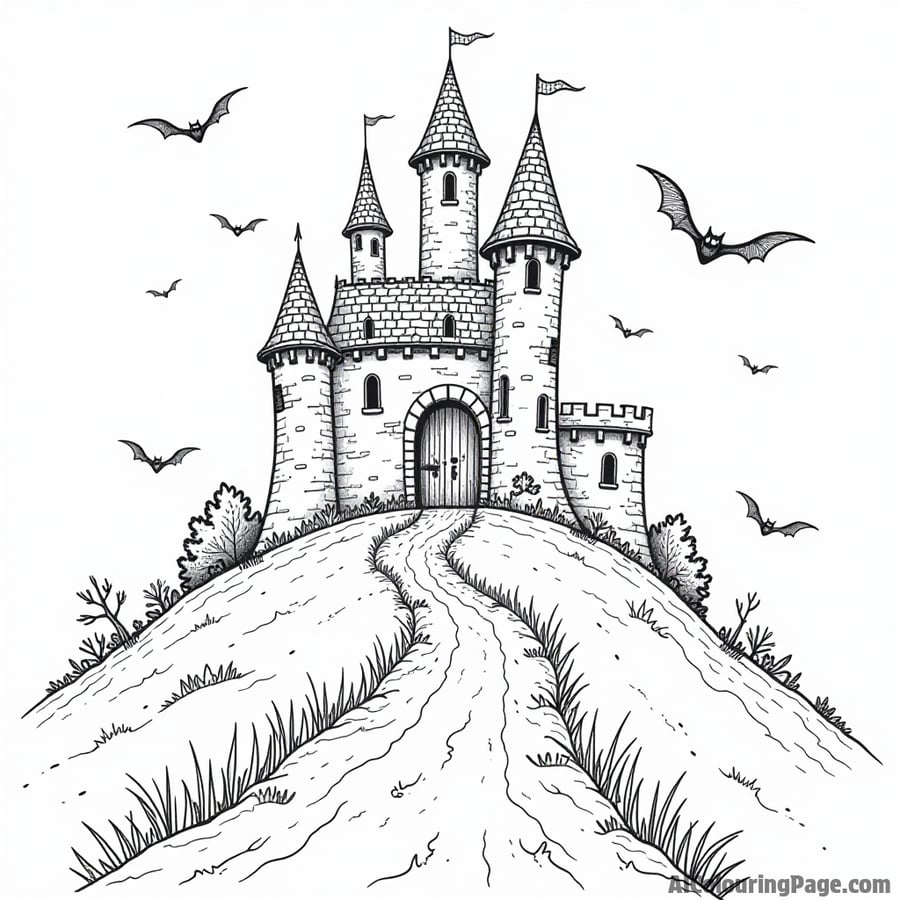 A spooky castle on a hill with bats flying around and a path leading up to the creaky front gate.
