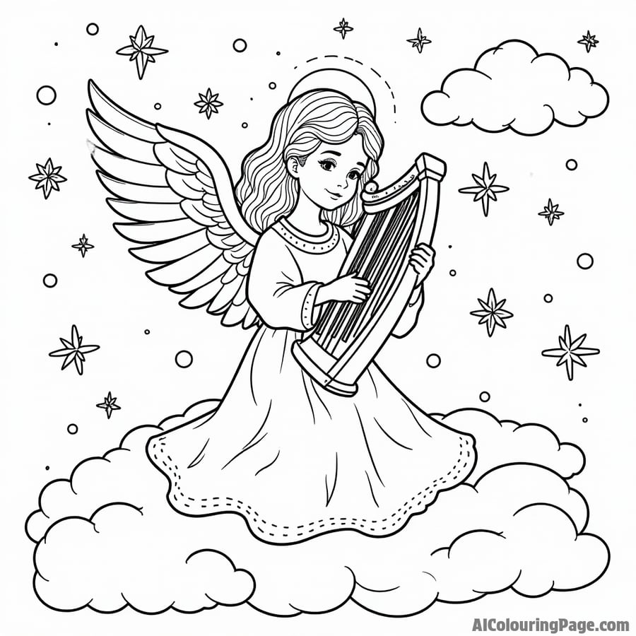 A beautiful angel playing a harp, surrounded by clouds, stars, and Christmas ornaments, creating a heavenly holiday atmosphere.