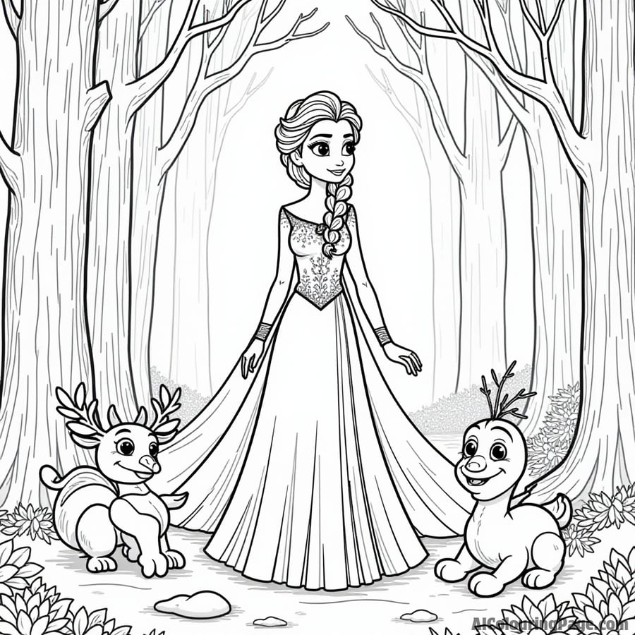 Elsa surrounded by magical creatures in a snowy forest