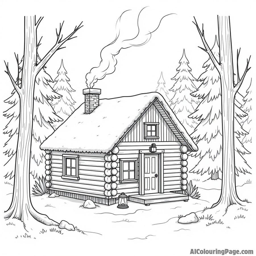 A cozy cabin in the woods, with smoke rising from the chimney, surrounded by snow-covered trees and a glowing lantern.