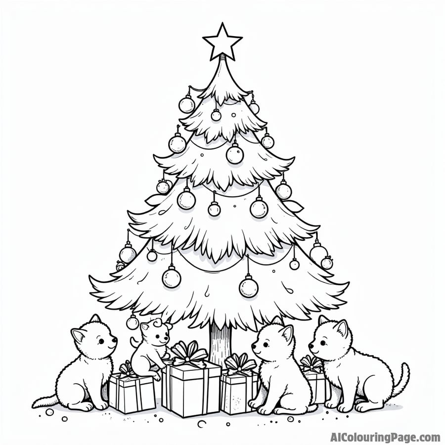 A festive Christmas tree with bright ornaments, a star on top, and presents underneath, surrounded by playful kittens and puppies.
