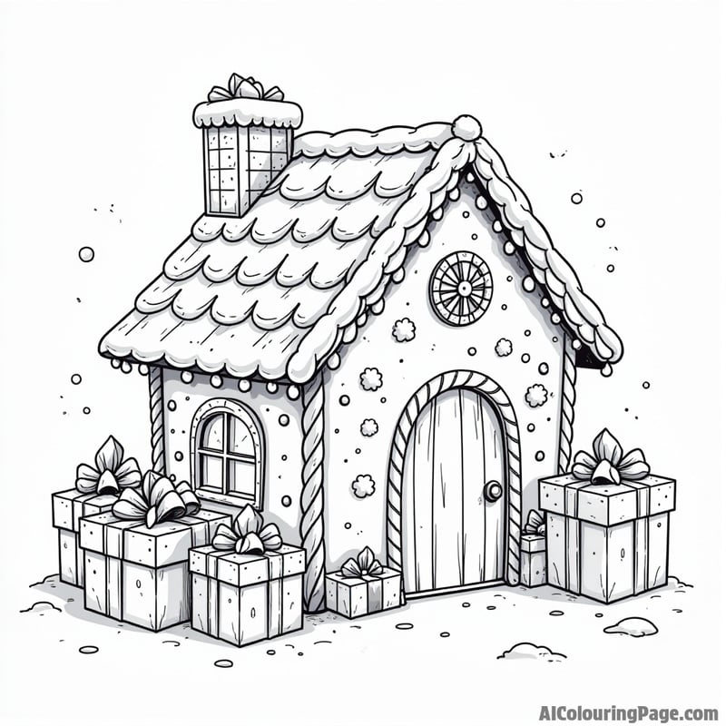 Gingerbread house surrounded by presents