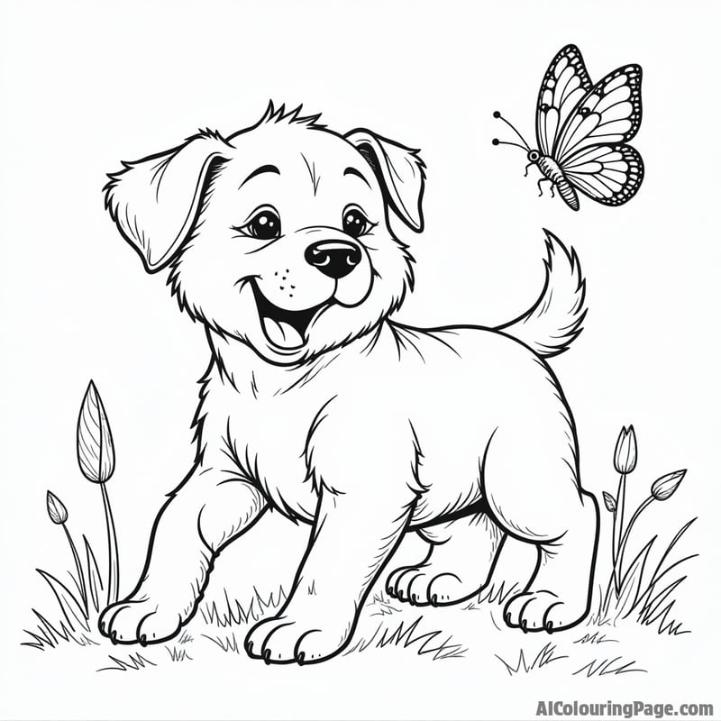 Coloring page: puppy chasing a butterfly, dynamic action, easy to color areas.