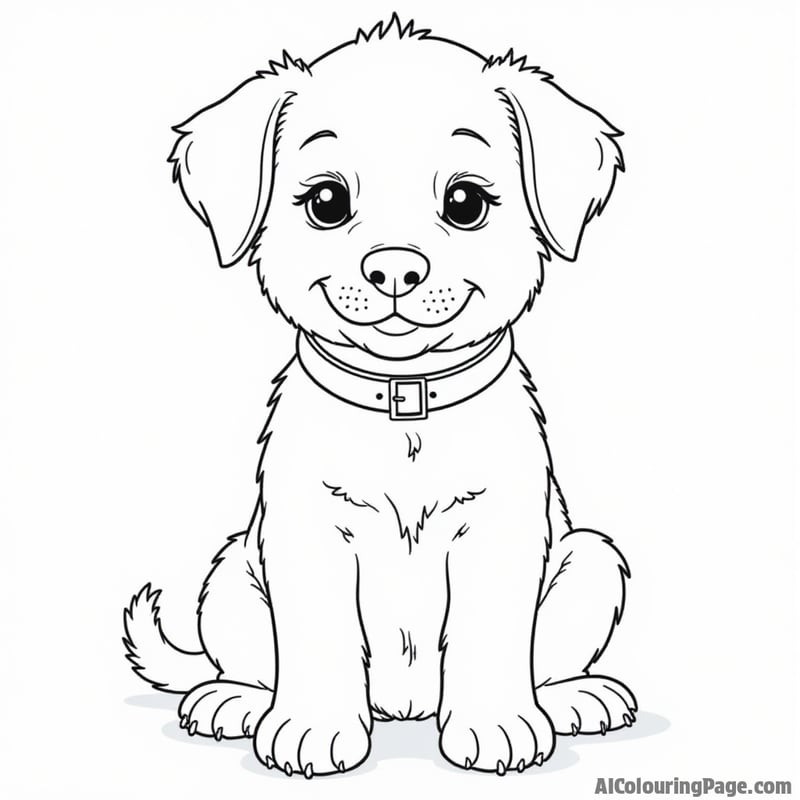 Puppy coloring page, sitting obediently, wearing a collar, attentive look.