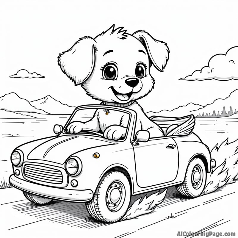 Puppy coloring page, riding in a car, wind blowing, adventurous spirit.