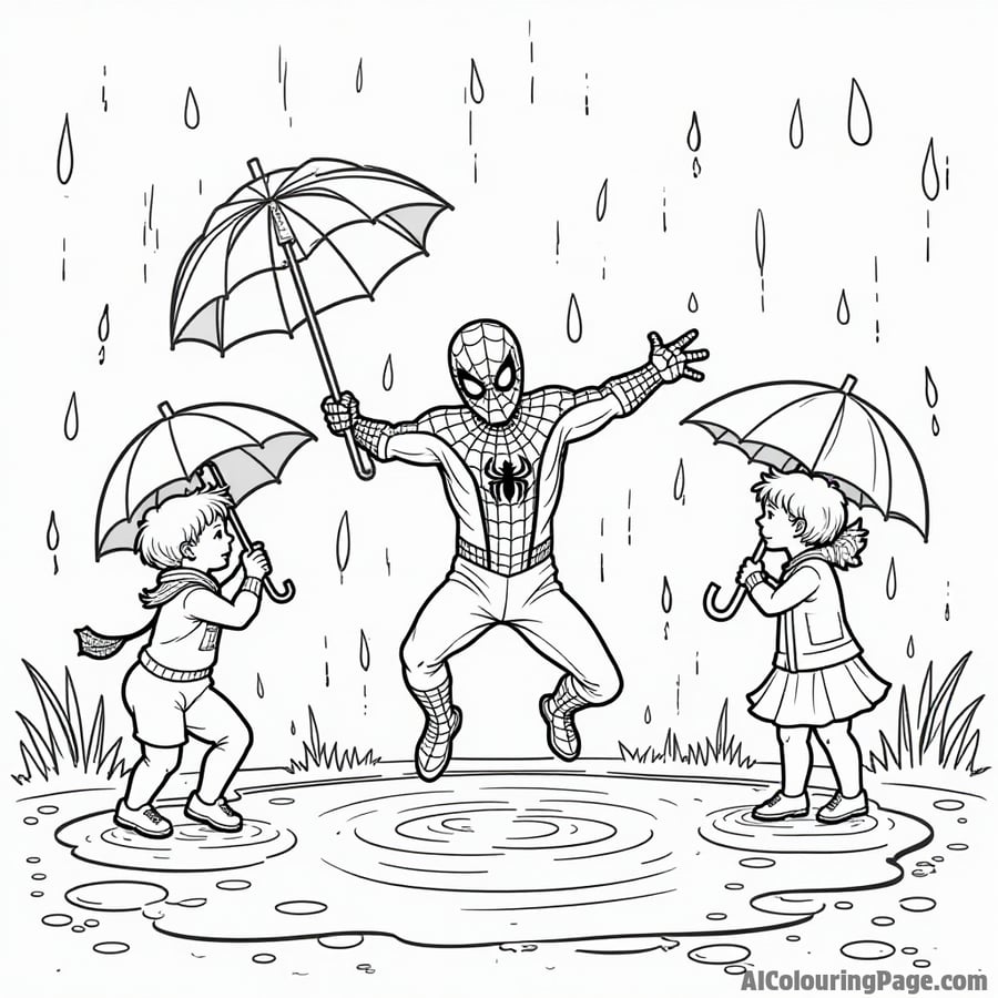 Spiderman enjoying a rainy day, jumping in puddles with children, umbrellas decorated with fun designs all around
