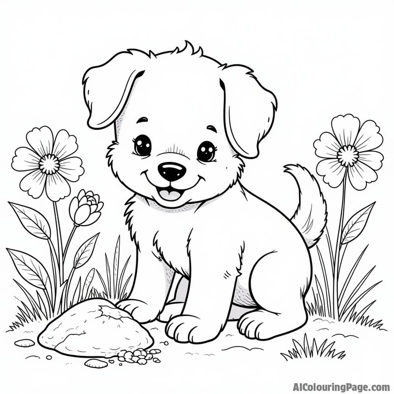 Puppy coloring page, digging in the garden, surrounded by flowers, whimsical style.