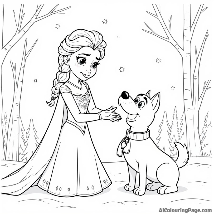Elsa building a snowman with a friendly snowdog in a winter wonderland