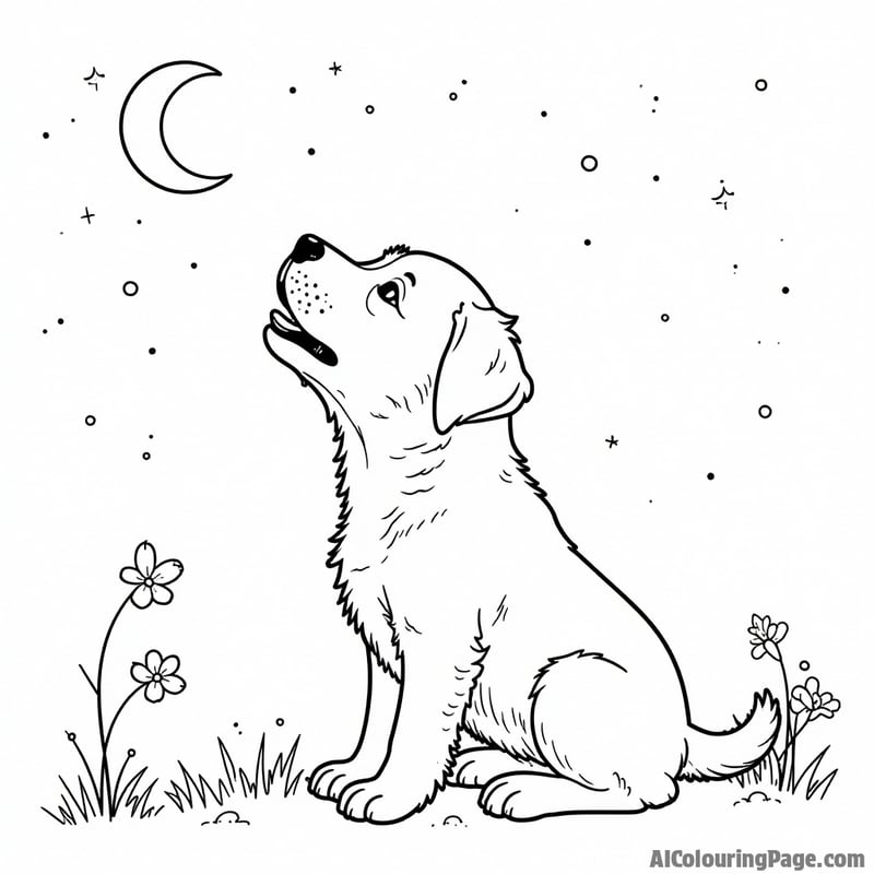 Coloring sheet of a puppy howling at the moon, silhouette, night sky background.