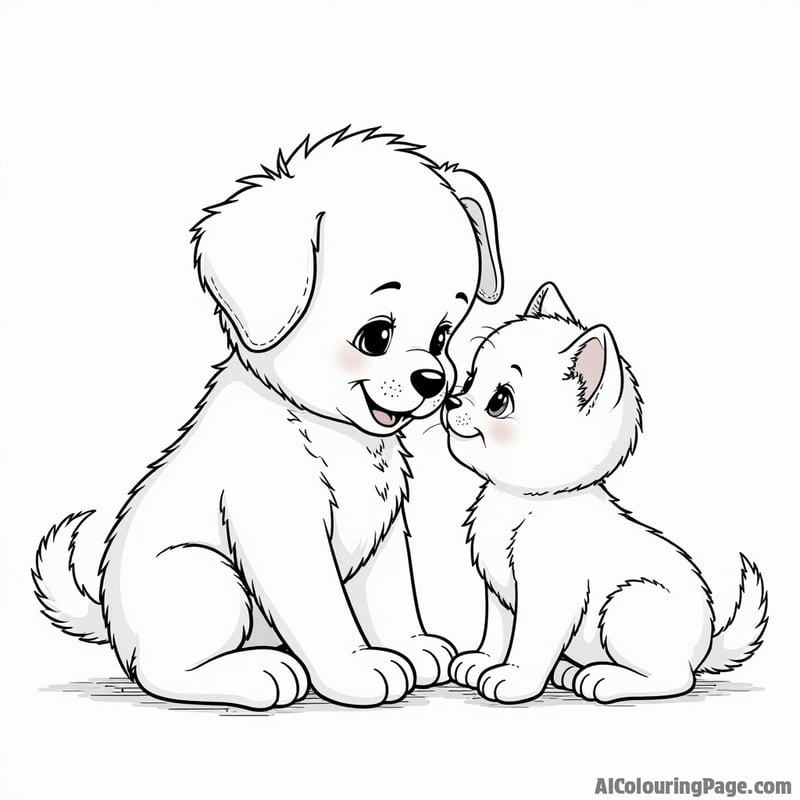 Coloring sheet of a puppy meeting a kitten, friendly interaction, gentle expressions.