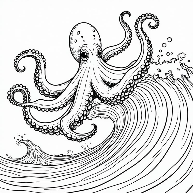 Octopus monster riding a giant wave