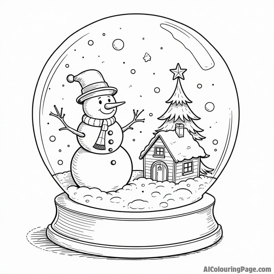 A whimsical snow globe featuring a winter scene with a snowman, a Christmas tree, and a small house inside.