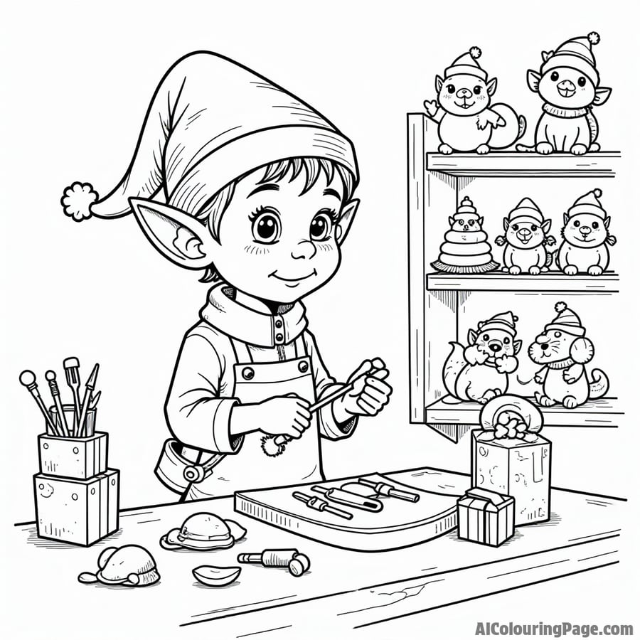 A whimsical elf making toys in a workshop, surrounded by colorful tools and a shelf filled with finished toys ready to gift.