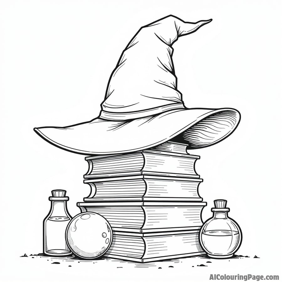 A witch's hat sitting atop a stack of books with a crystal ball and potion bottles surrounding it.