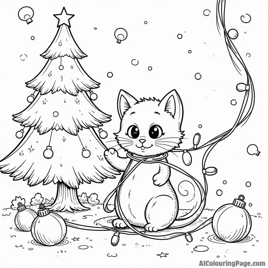 A playful Christmas scene with a cat tangled in holiday lights, surrounded by ornaments and a tree ready for decoration.