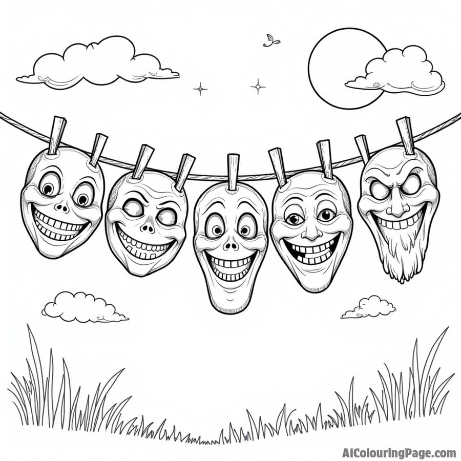 A collection of whimsical Halloween masks hanging on a clothesline with a moonlit sky in the background.