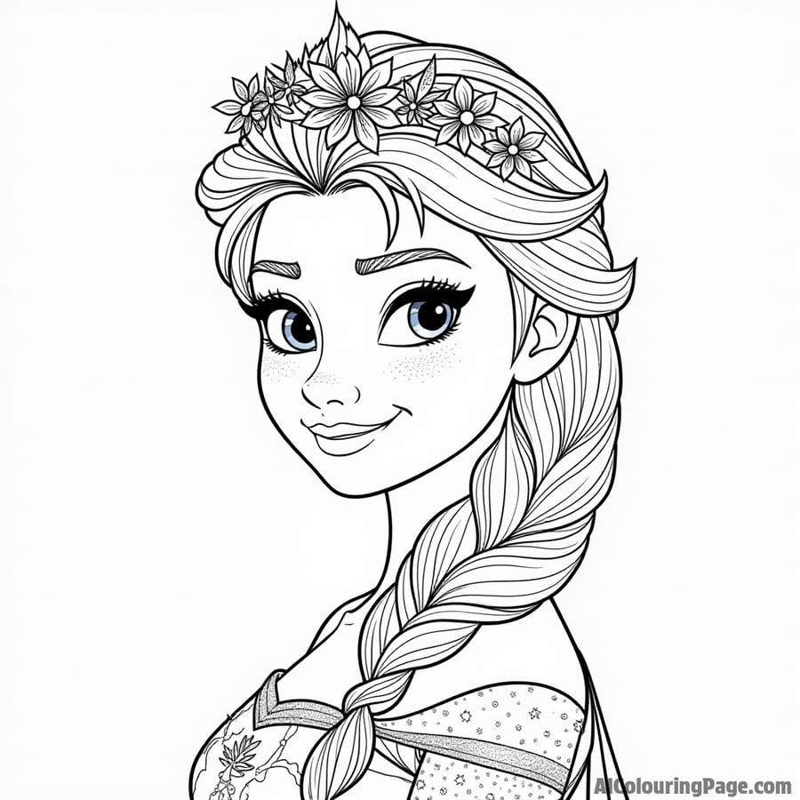 Elsa wearing a crown made of ice flowers and snowflakes
