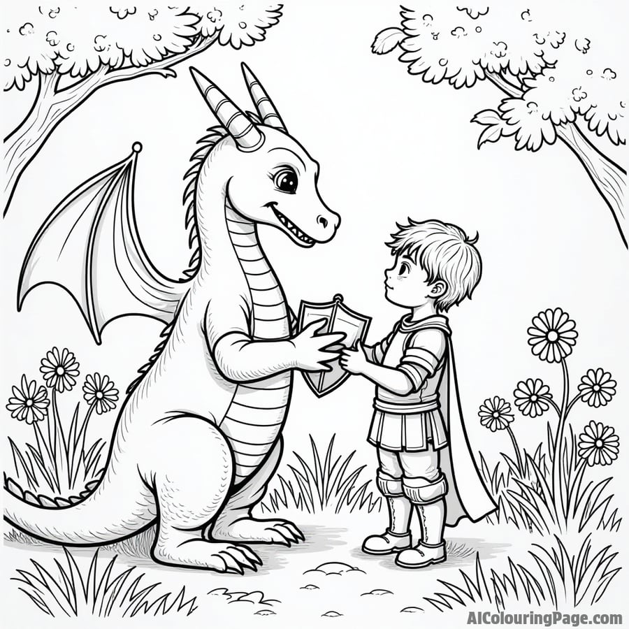 A dragon helping a young knight polish his armor in a sunny garden filled with blooming flowers.