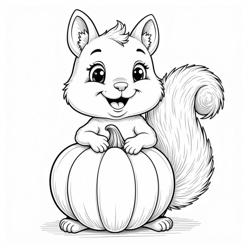 Squirrel holding large pumpkin coloring page