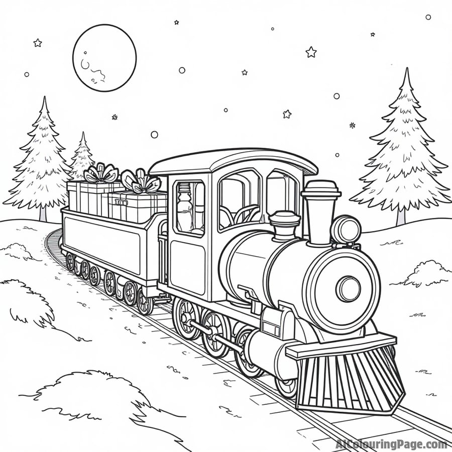 A cheerful Christmas train filled with gifts, traveling through a snowy landscape with trees and a bright moon overhead.