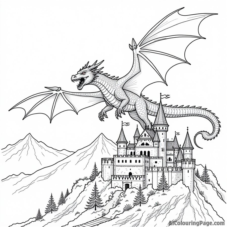 A dragon flying over a medieval castle with flags waving in the wind and mountains in the background.