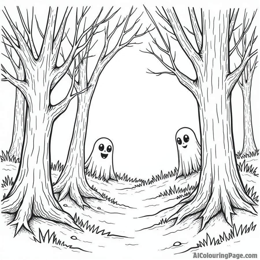 A haunted forest scene with ghostly figures peeking out from behind trees and glowing eyes watching from the shadows.