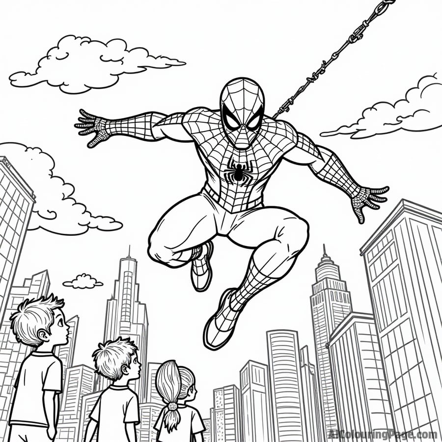 Spiderman swinging through a cityscape, skyscrapers in the background, children watching in awe from below on a sunny day