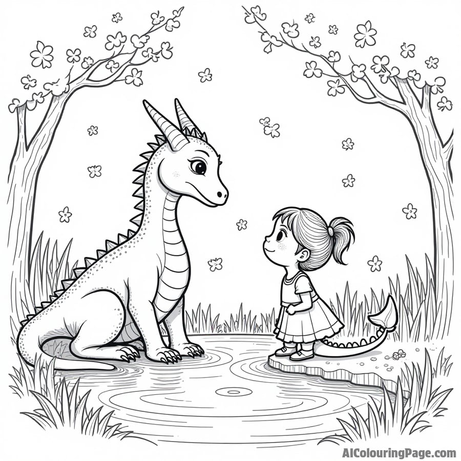 A dragon and a young girl sharing secrets by a sparkling pond surrounded by glowing fireflies.