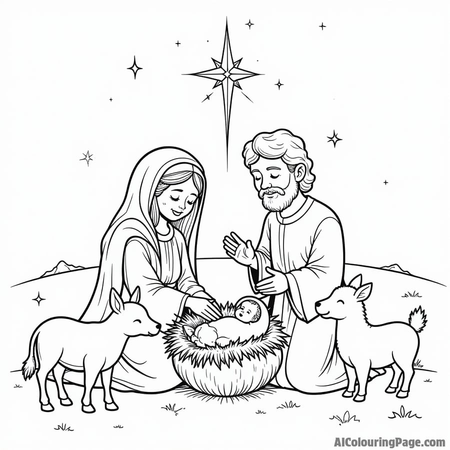 A charming nativity scene featuring Mary, Joseph, and baby Jesus, surrounded by animals and a shining star above.