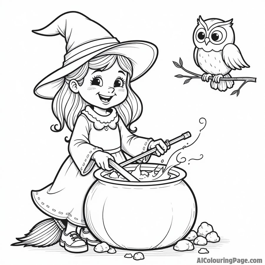 A cheerful witch stirring a bubbling cauldron with a broomstick and a curious owl perched nearby on a branch.