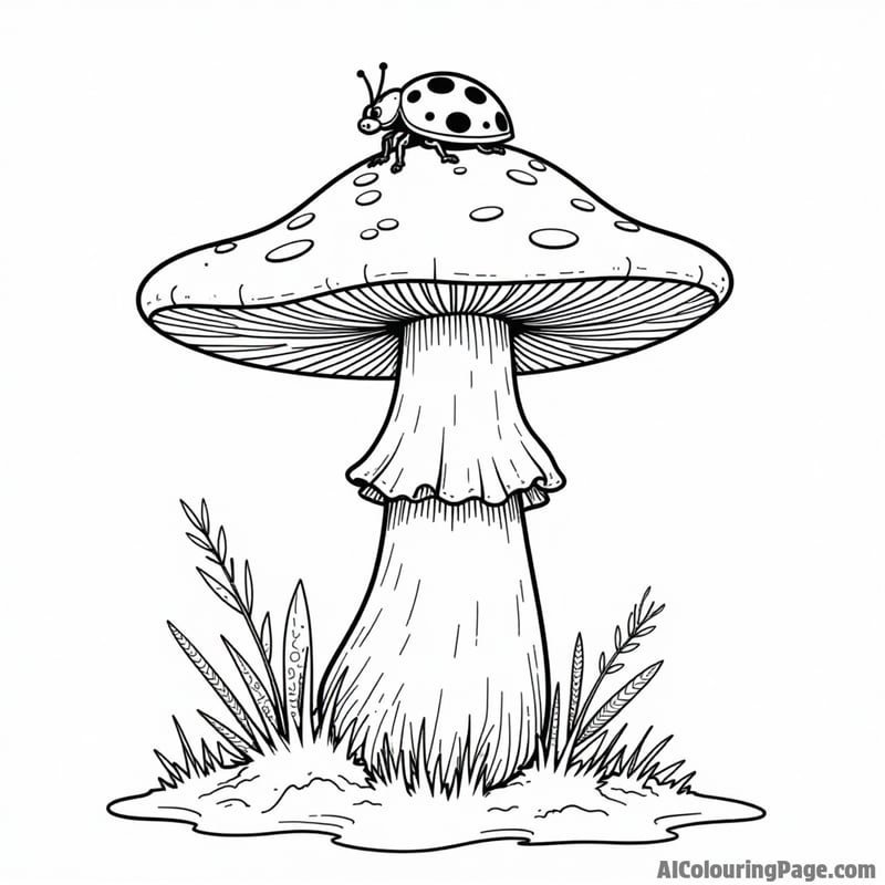A mushroom growing from a log with a ladybug on top